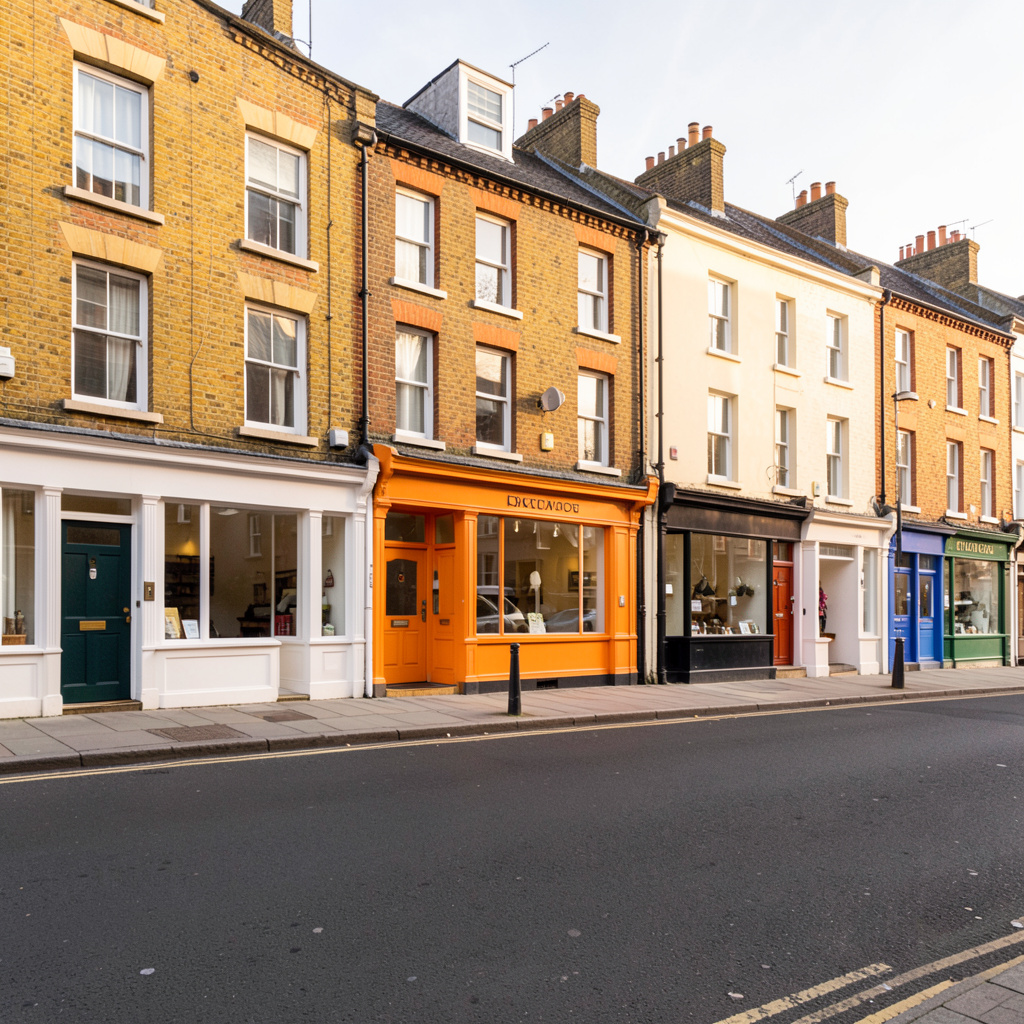 A neat row of terraced shopfronts on a London street, warm brick and cream render, soft morning light