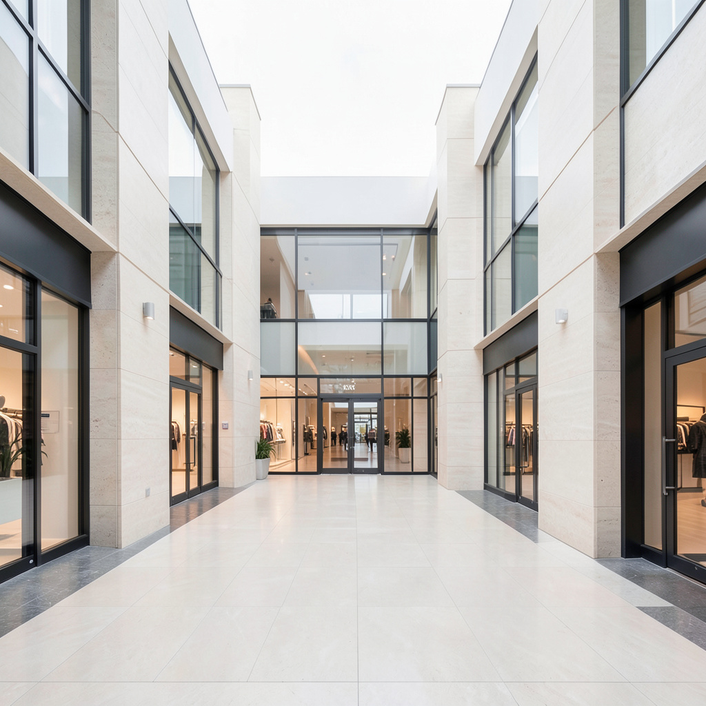 A modern retail unit in a shopping centre with clean lines, pale stone and glass, neutral daylight