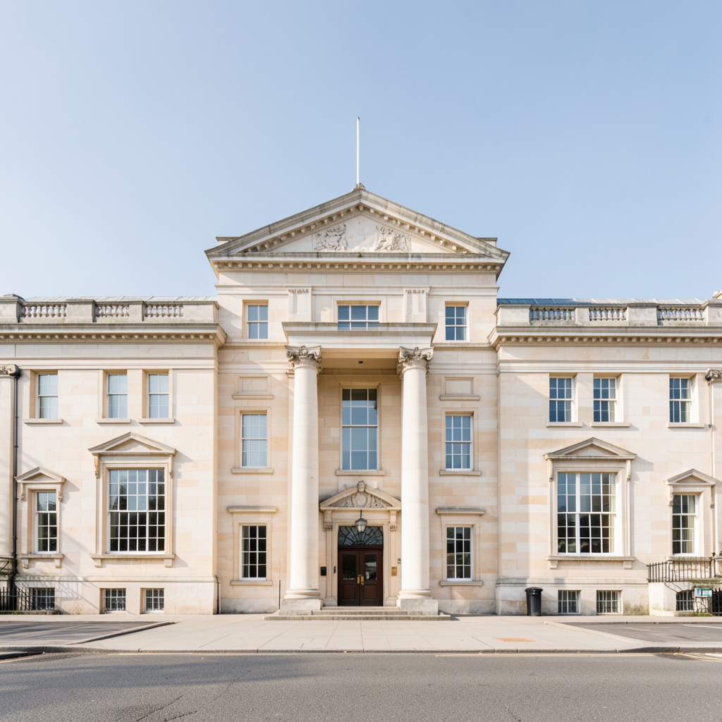 A clean architectural photograph of a stately British civic building with strong symmetry, pale Portland stone facade against a clear sky