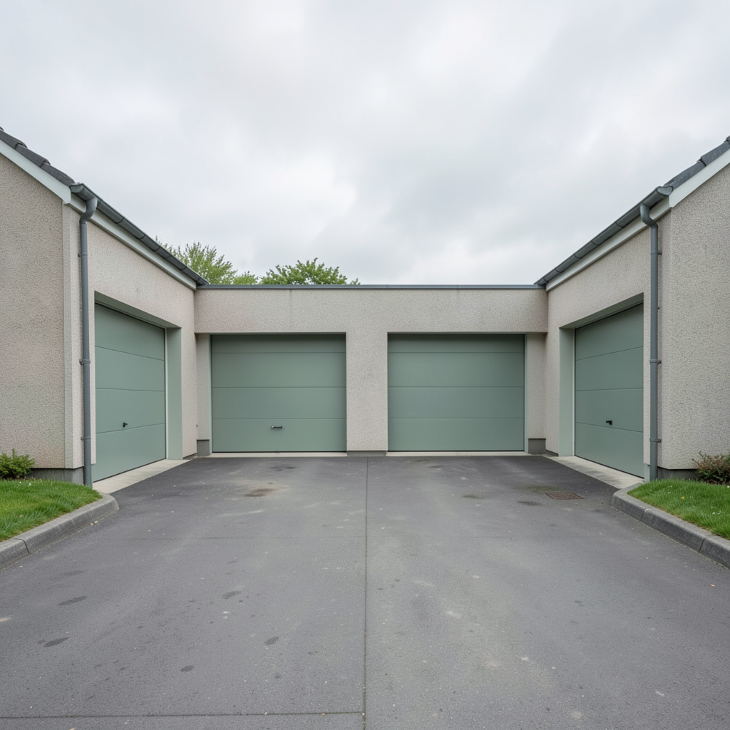 A quiet suburban garage forecourt with muted greys and soft green tones, overcast British sky